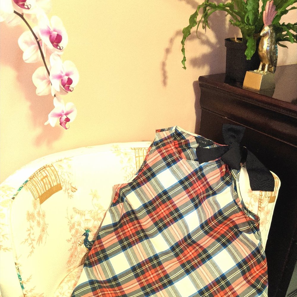J. CREW Festive Plaid Grosgrain Bow Shoulder Top